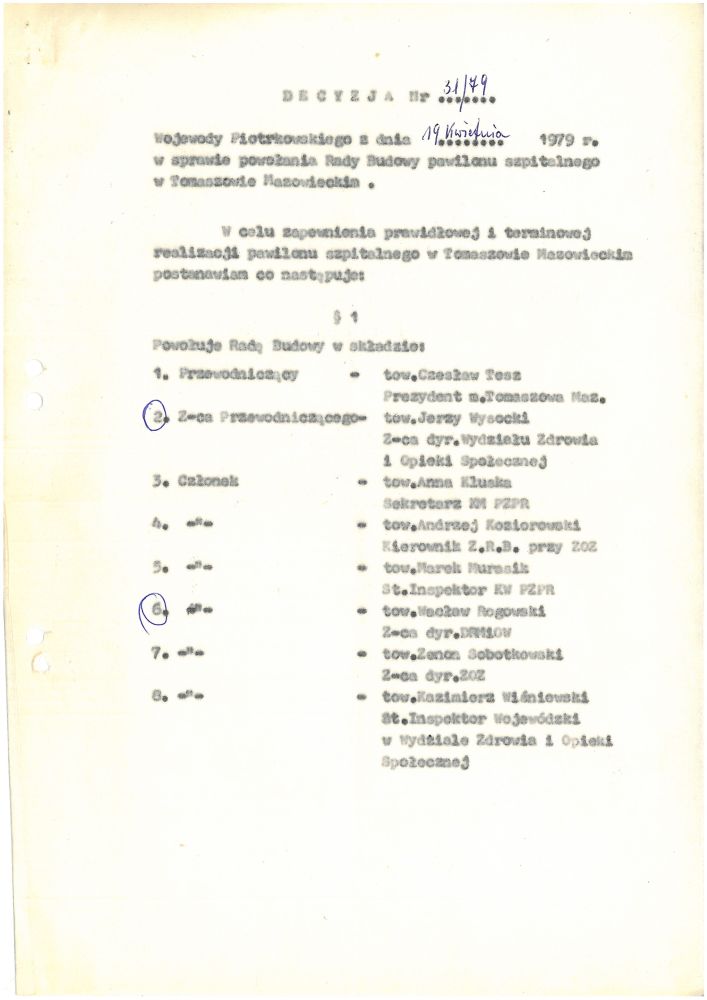 Decyzja Wojewody Piotrkowskiego w sprawie powołania Rady Budowy Pawilonu Szpitalnego, 1979 r.